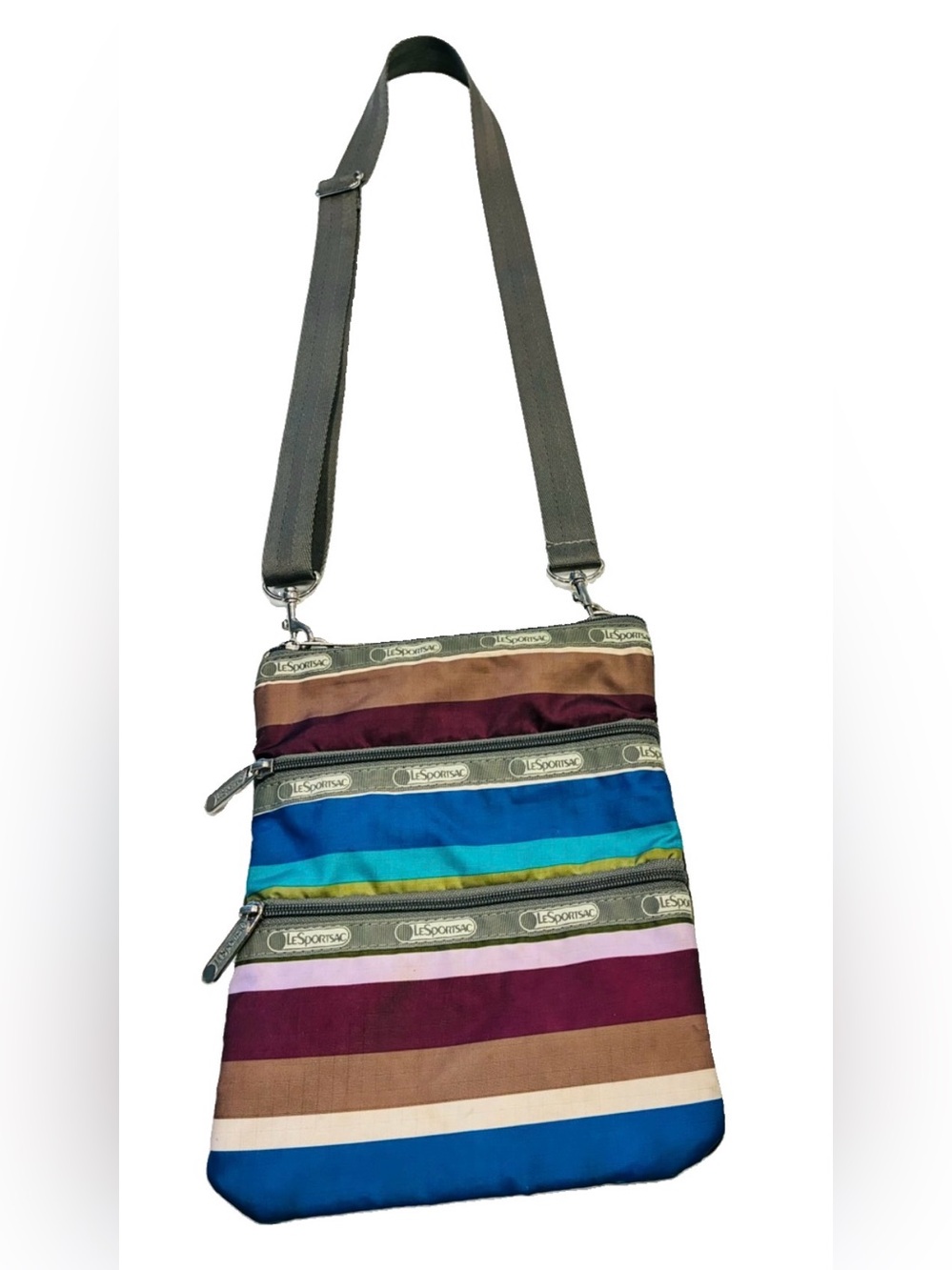 LeSportsac Kasey Triple Zip Crossbody Bag Striped Nylon Travel Shoulder Purse